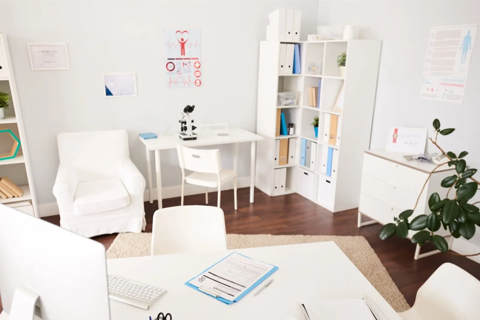 A calm, well-organized clinical consulting room